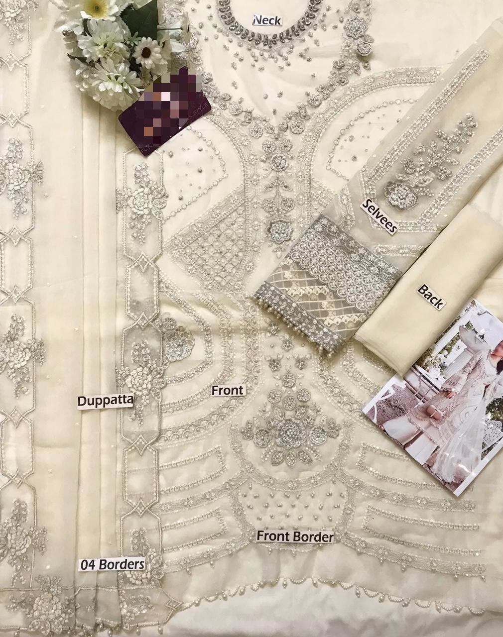 Detailed view of a embroidered garment with labeled parts on a beige background.