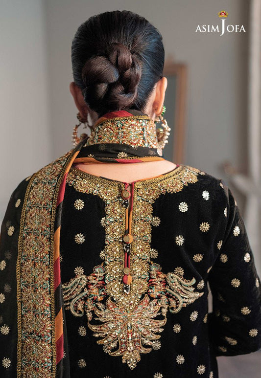 Traditional embroidered garment with intricate designs, featuring the brand 'Asim Jofa'.