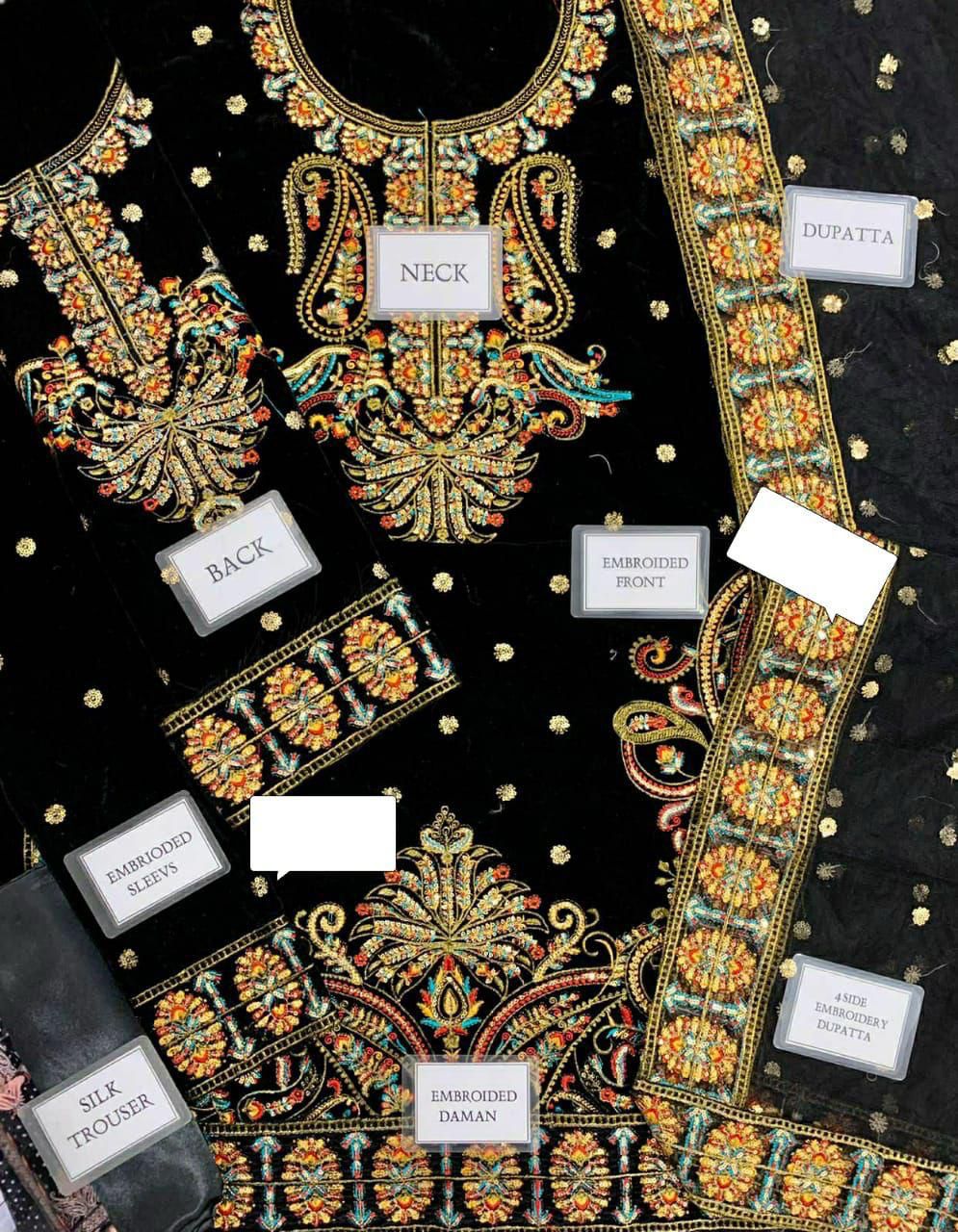 Embroidered fabric with labeled sections on a black background