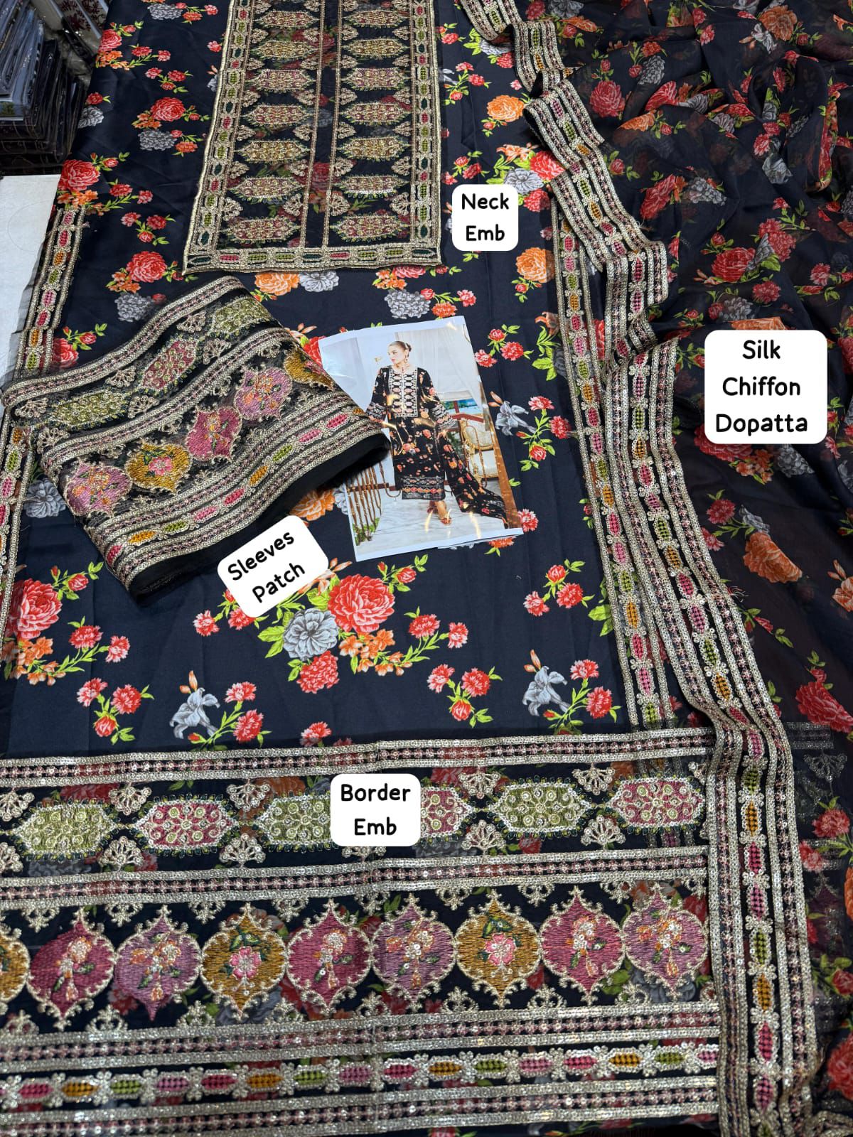Silk chiffon dopatta with labeled parts on a dark floral background