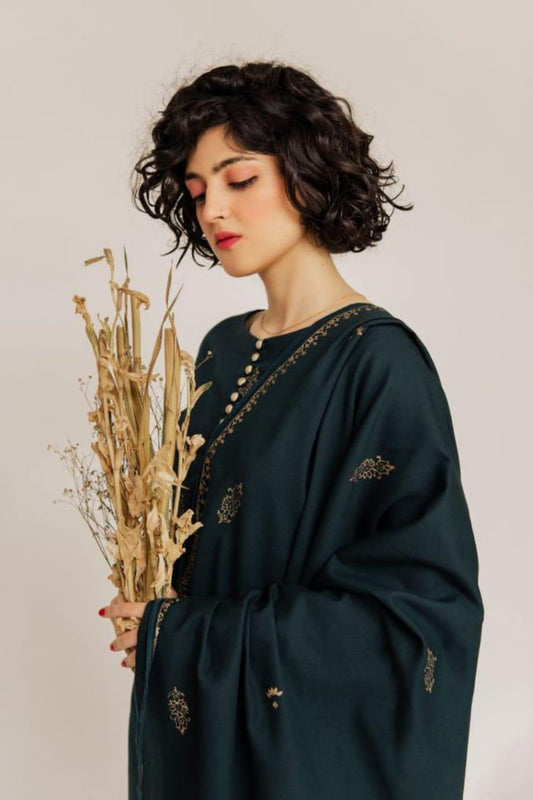 Woman holding dried plants wearing a dark green embroidered dress against a plain background